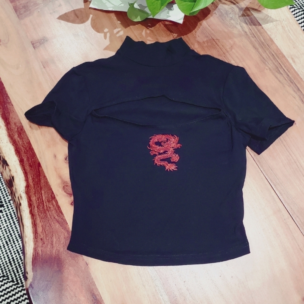 Black Cutout Mock Neck Top with Red Dragon Design